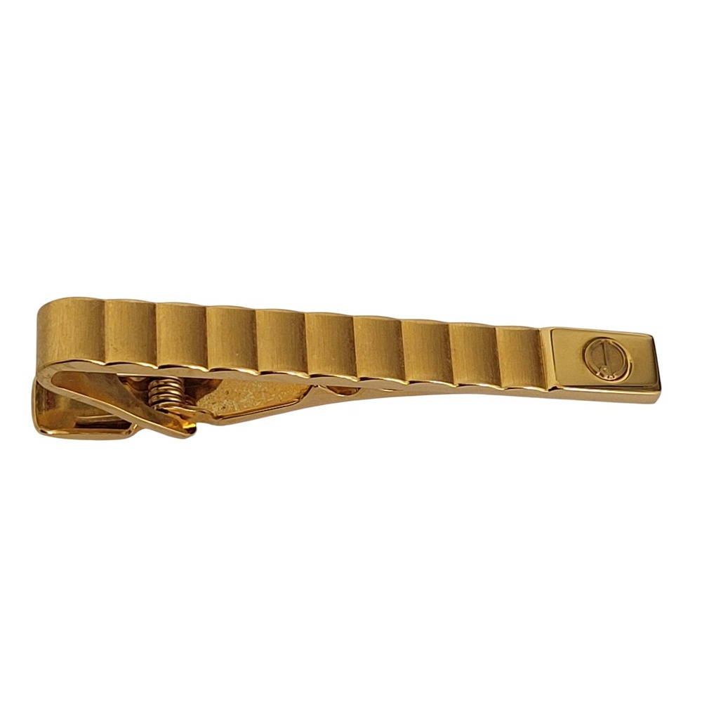 Dunhill Gold Tone Ribbed Tie Bar Clip Vintage Men Designer Suit Accessory 2 Inch